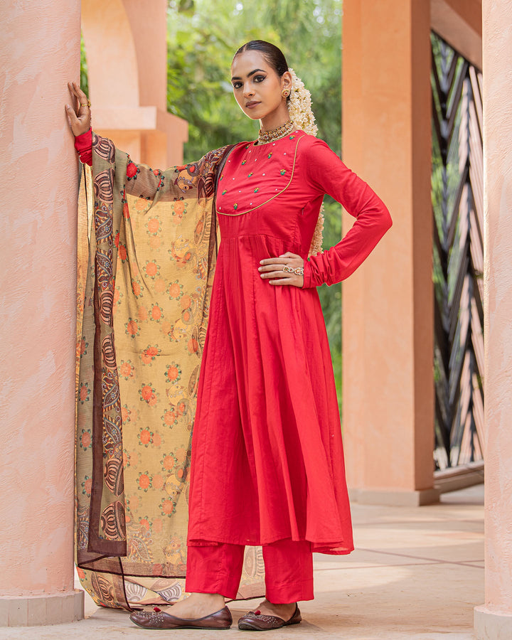 Red & Green Kalamkari Suit Set