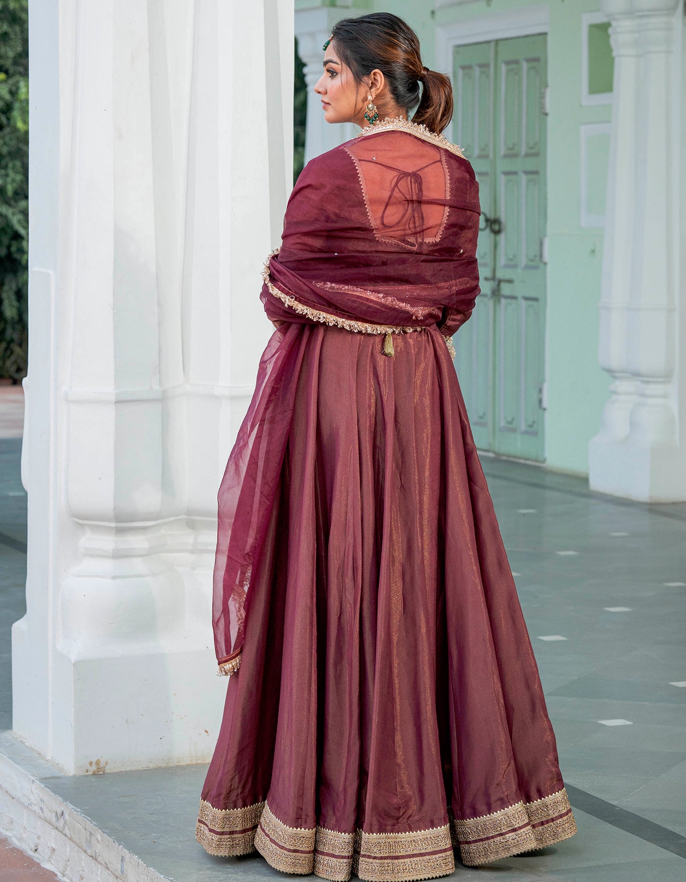 Wine Kalidaar Tissue Lehenga Set