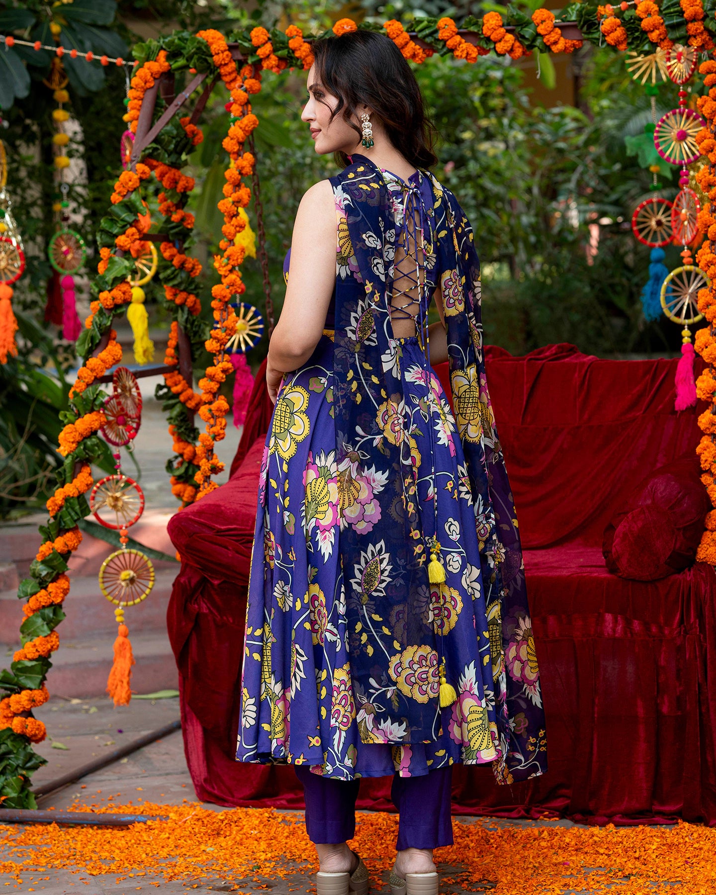 Purple Floral-Stroked Suit Set