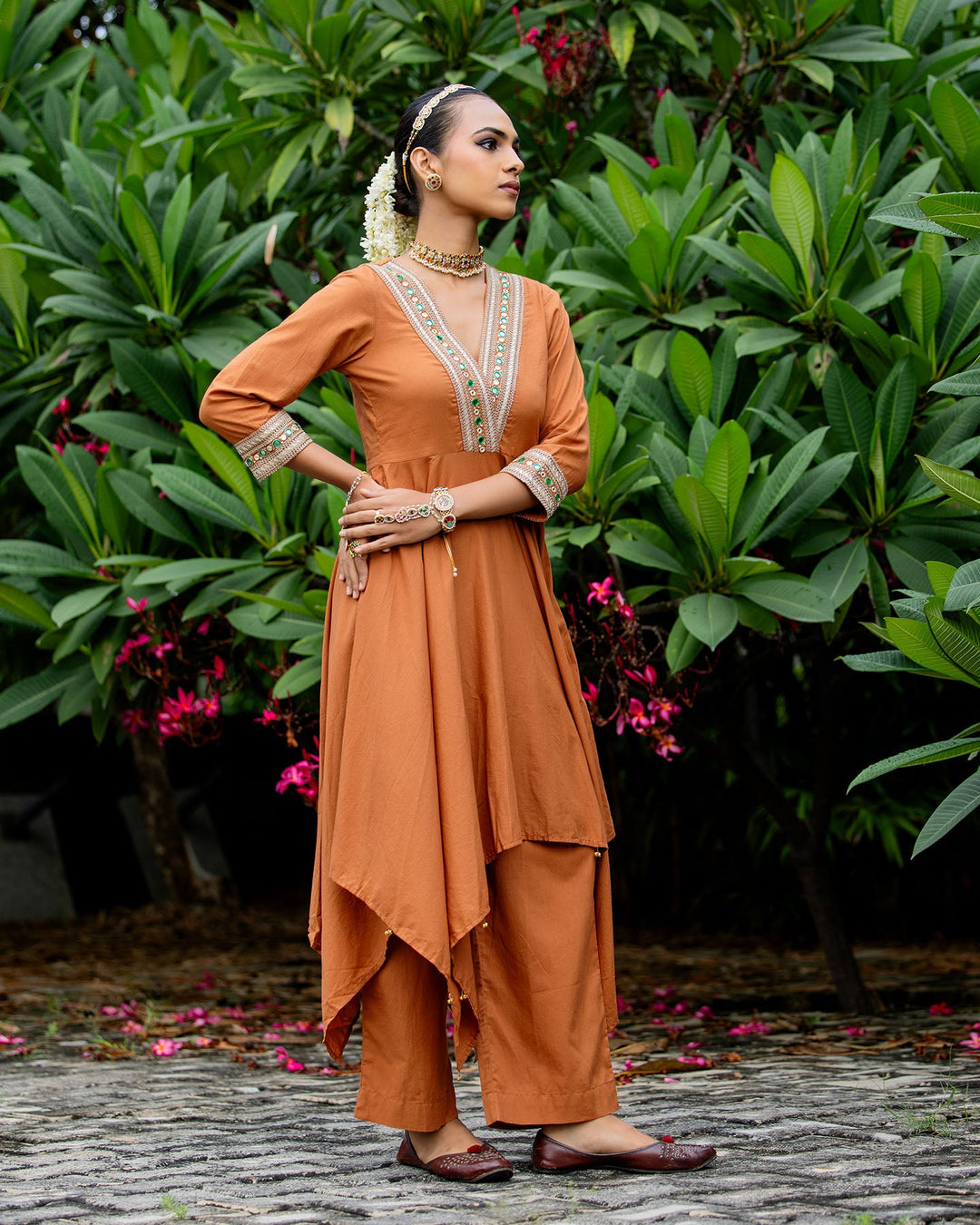 Rust Brown Mirror Work Kurta Set