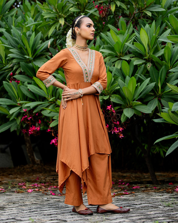 Rust Brown Mirror Work Kurta Set
