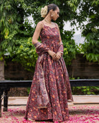 Brown Floral Muslin Suit Set