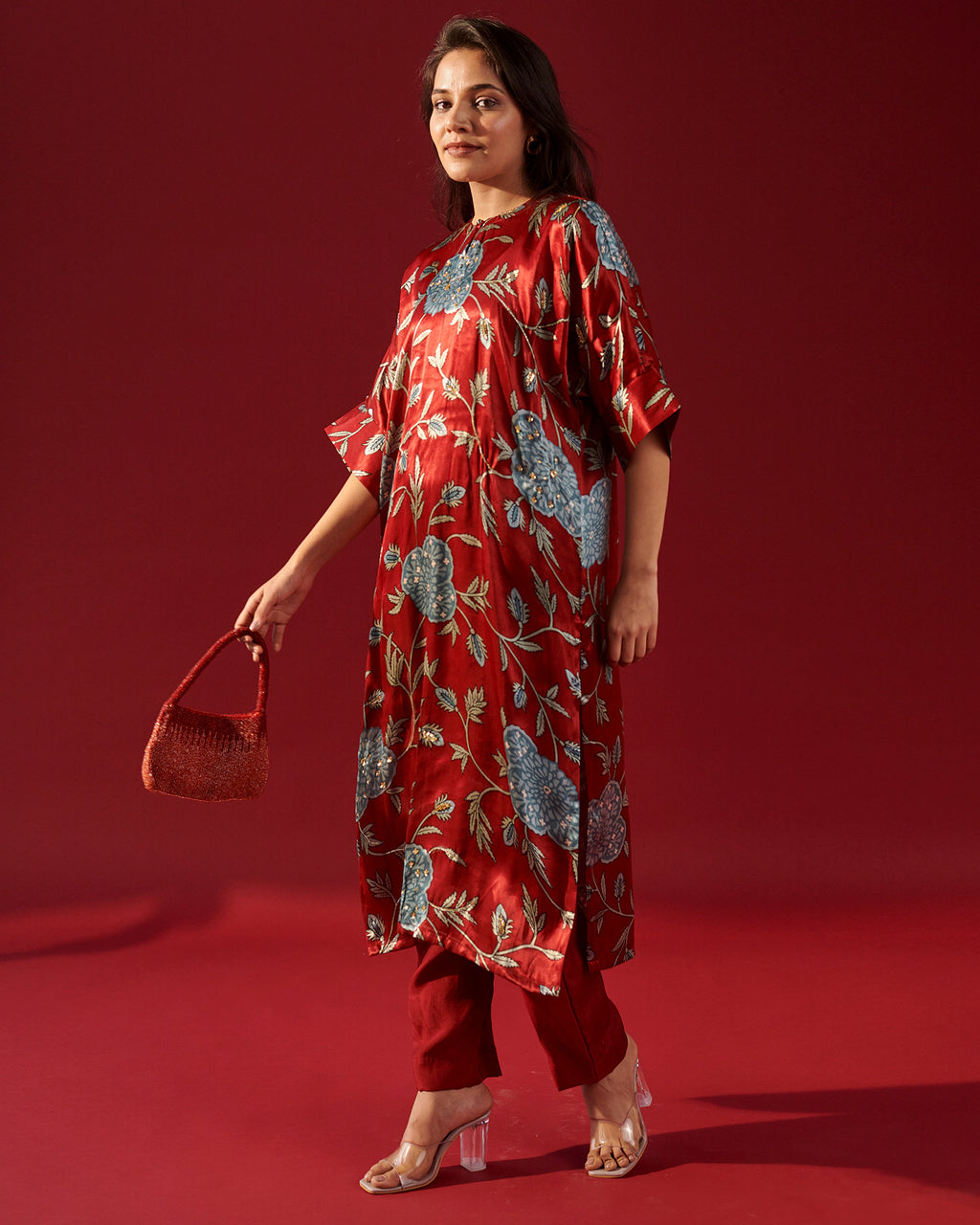 Red Floral Vine Kaftan Kurta Set