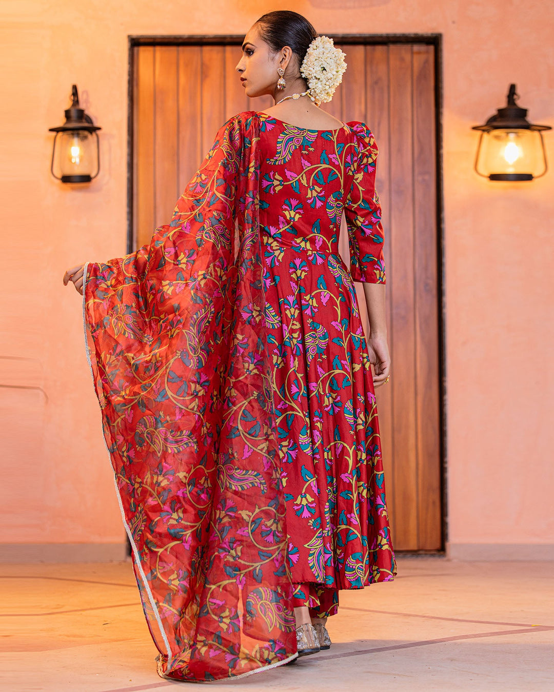 Red Floral Muslin Suit Set