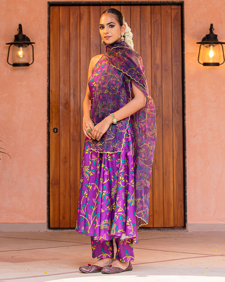Purple Floral Muslin Suit Set