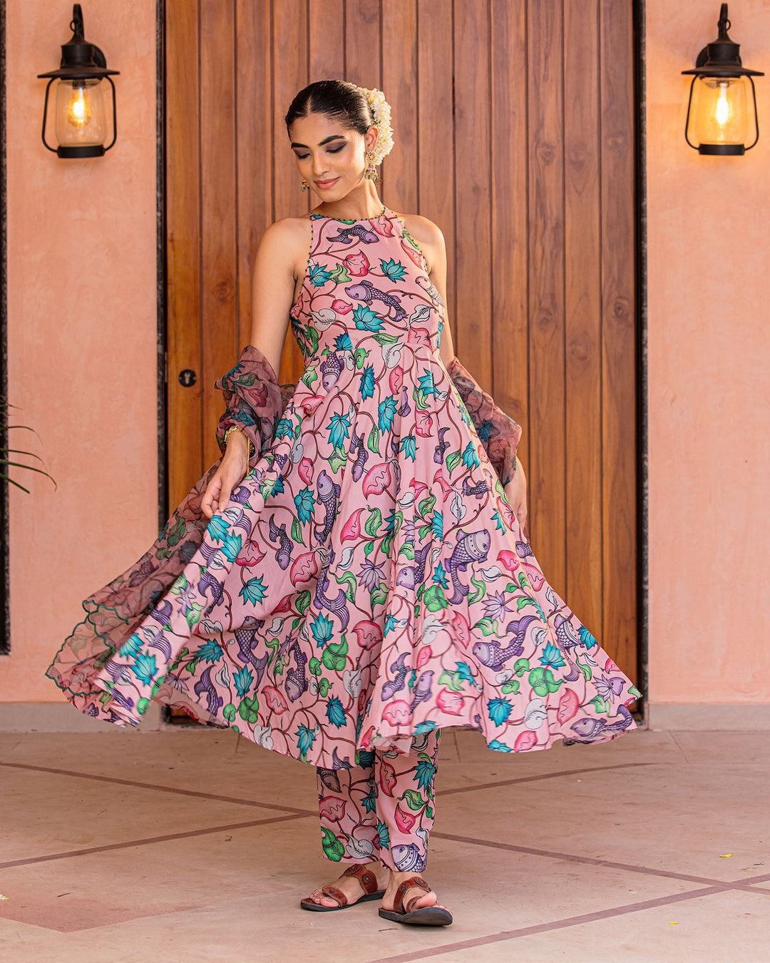 Peach Floral Muslin Suit Set