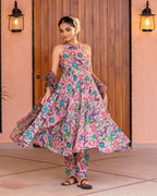 Peach Floral Muslin Suit Set