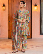 Orange Floral Muslin Suit Set