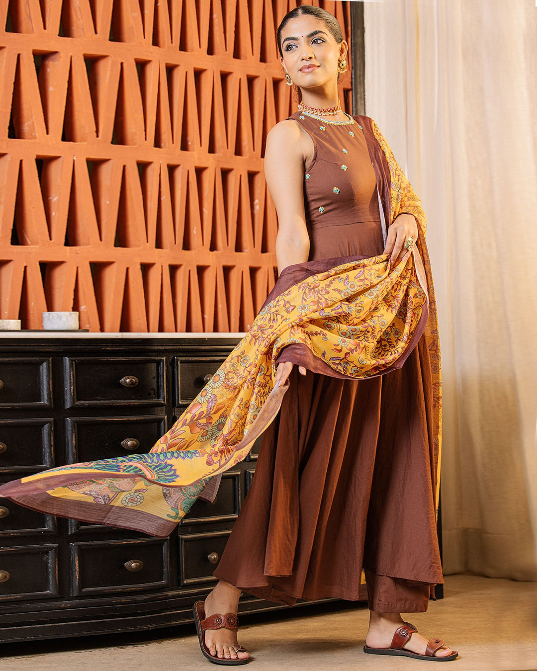 Brown & Mustard Kalamkari Suit
