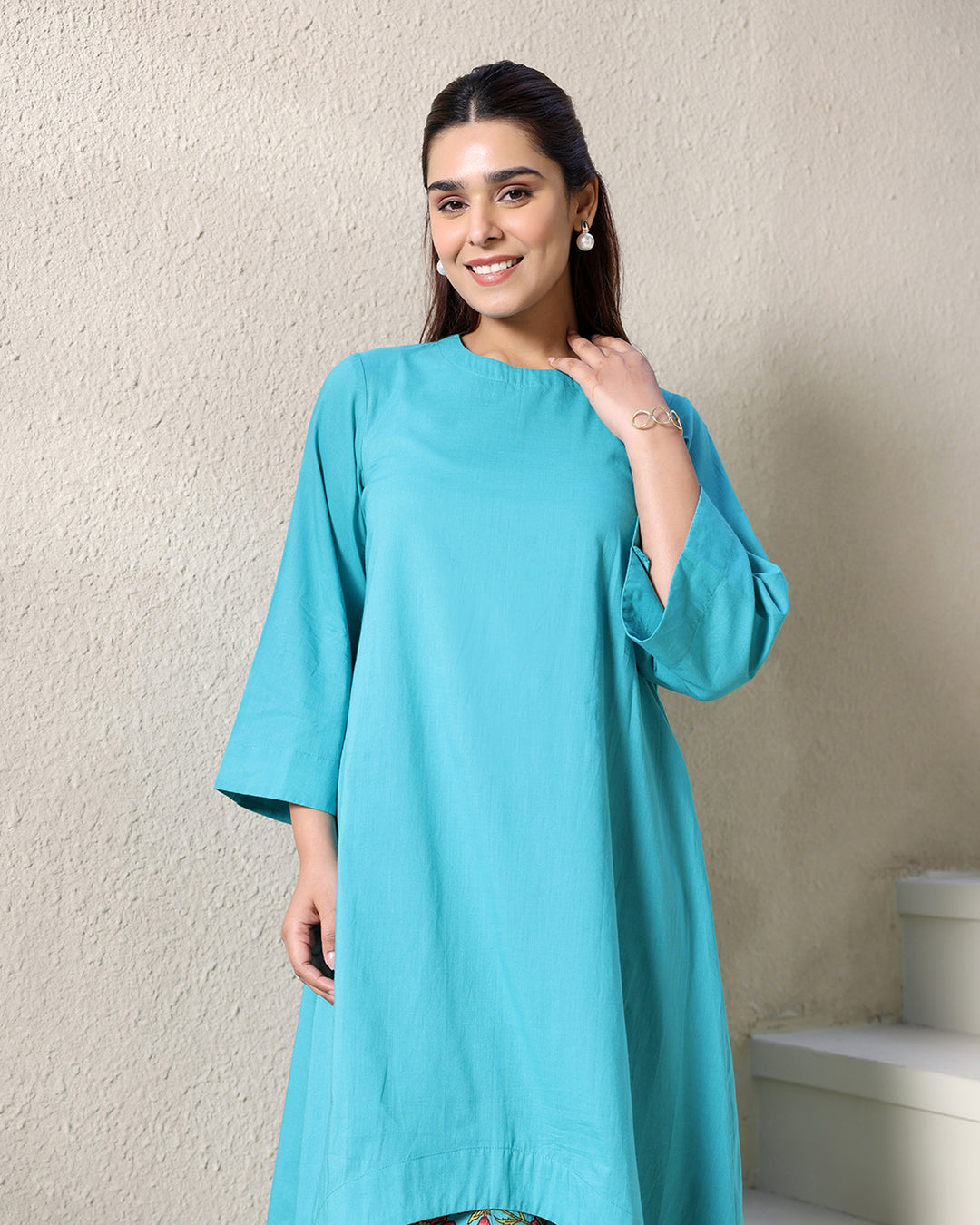 Blue Cotton High-low Kurta Set