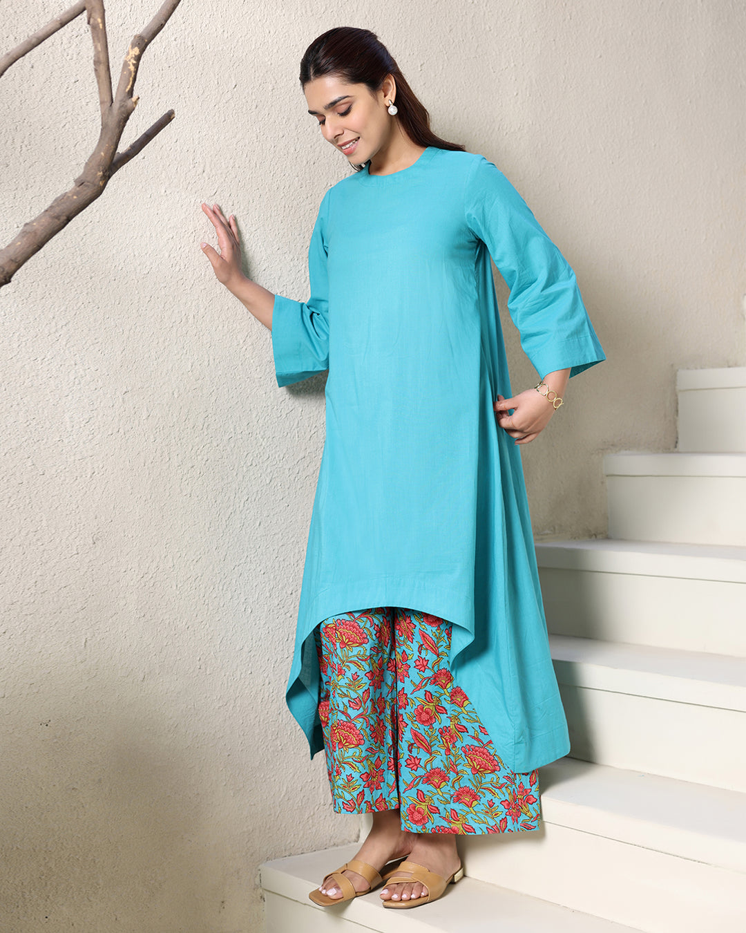 Blue Cotton High-low Kurta Set