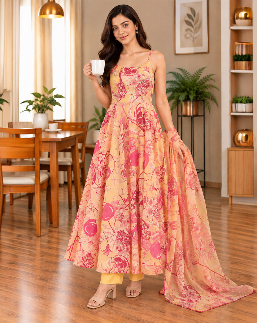 YELLOW ANARKALI FLOWER SET