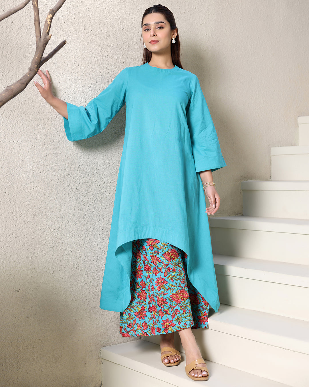 Blue Cotton High-low Kurta Set