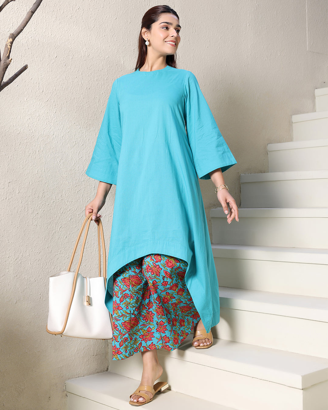 Blue Cotton High-low Kurta Set