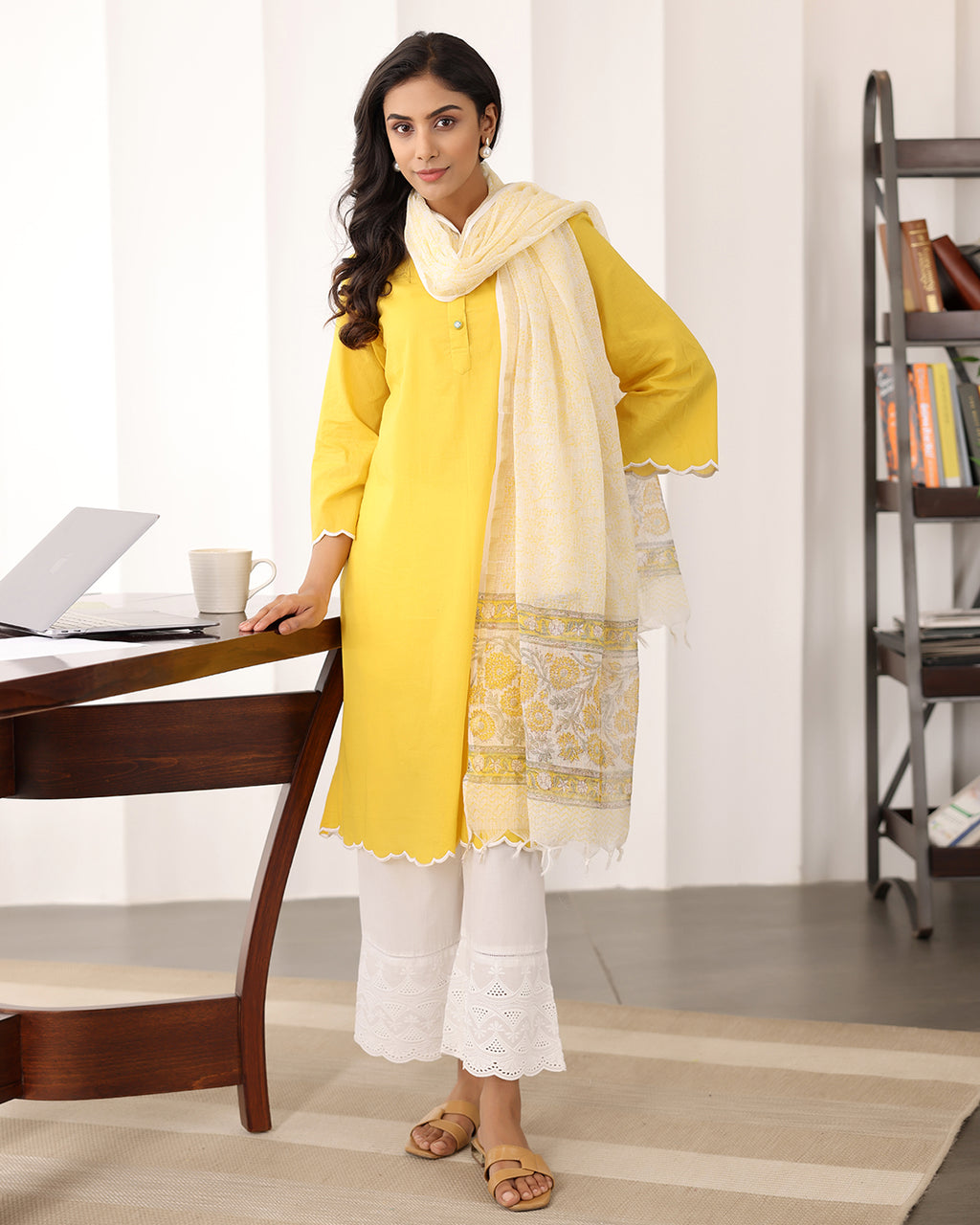 YELLOW A-LINE KURTA- DUPATTA SET