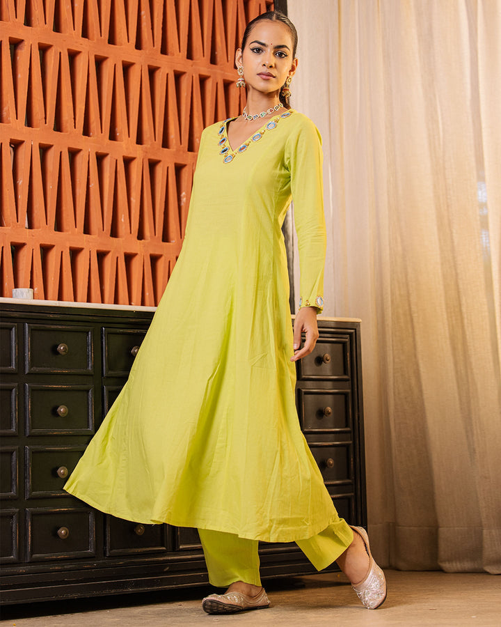 Parrot Green Mirror Work Kurta Set