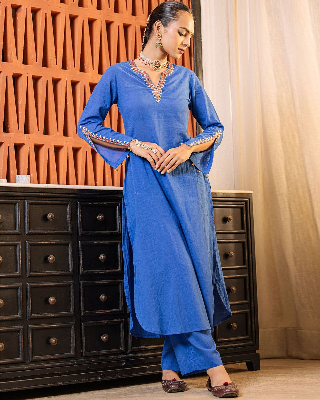 Royal Blue Mirror Work Kurta Set
