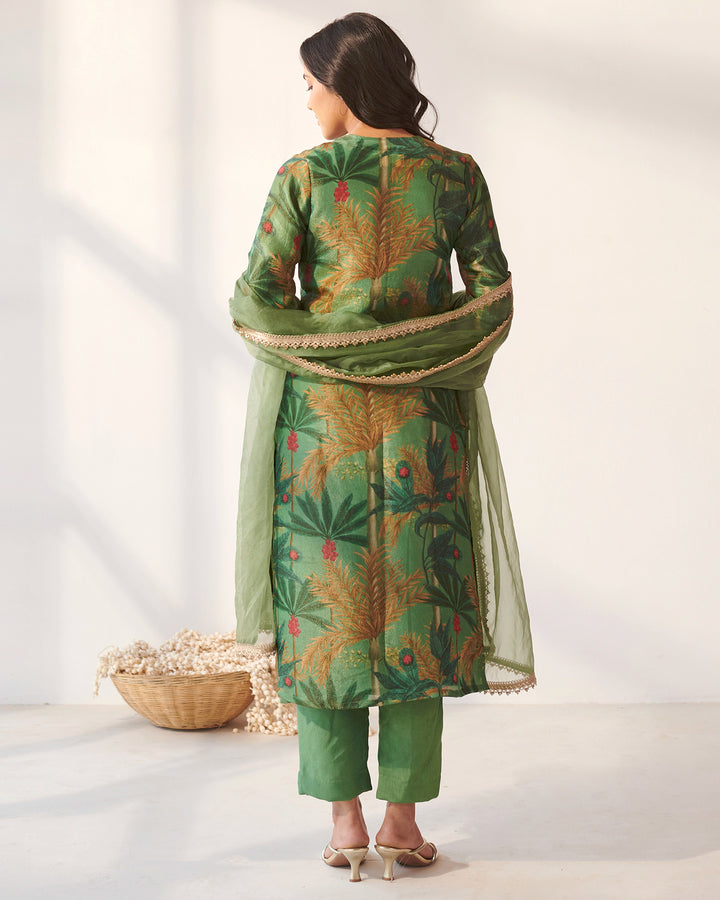 Green Foliage Print Suit Set