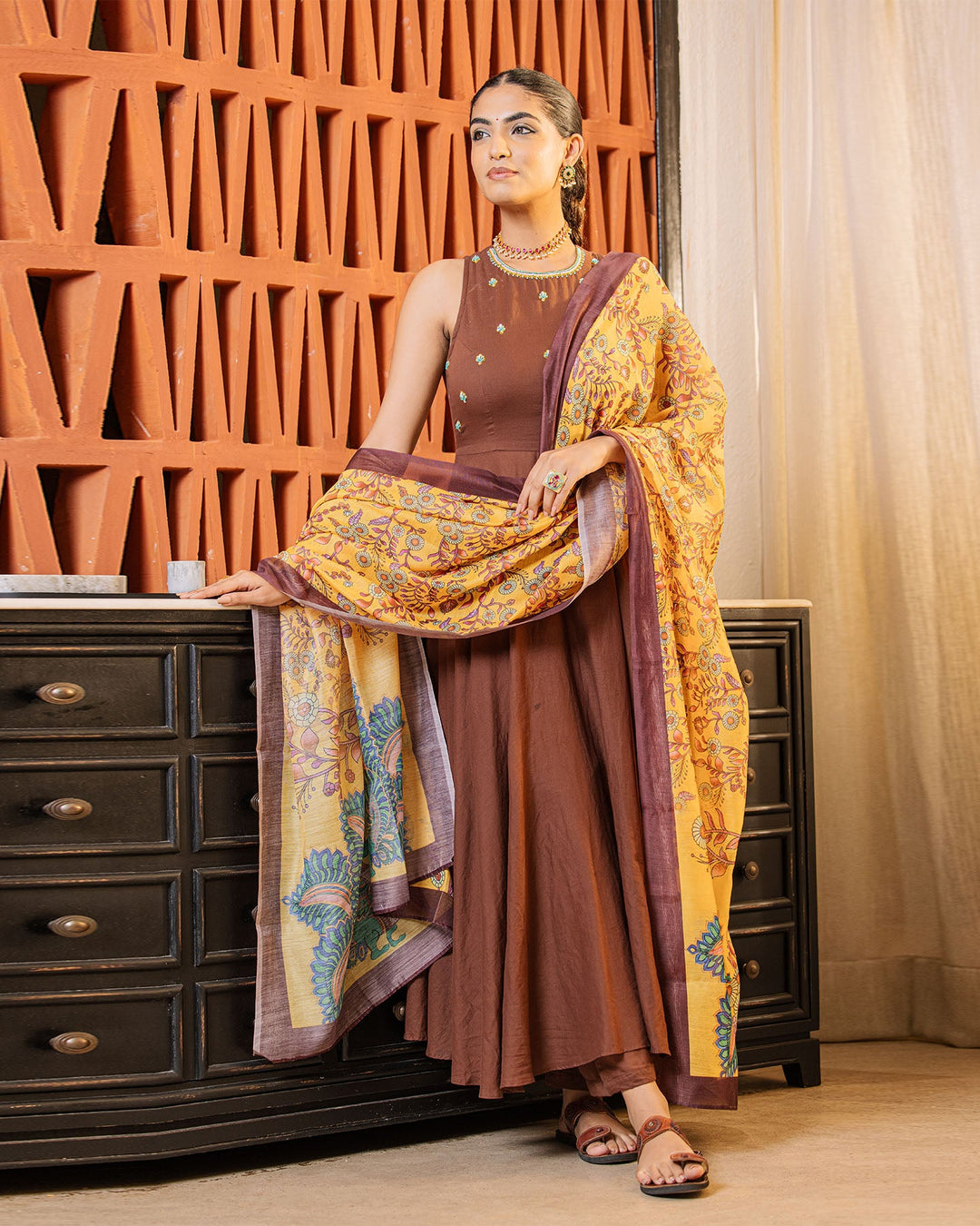 Brown & Mustard Kalamkari Suit