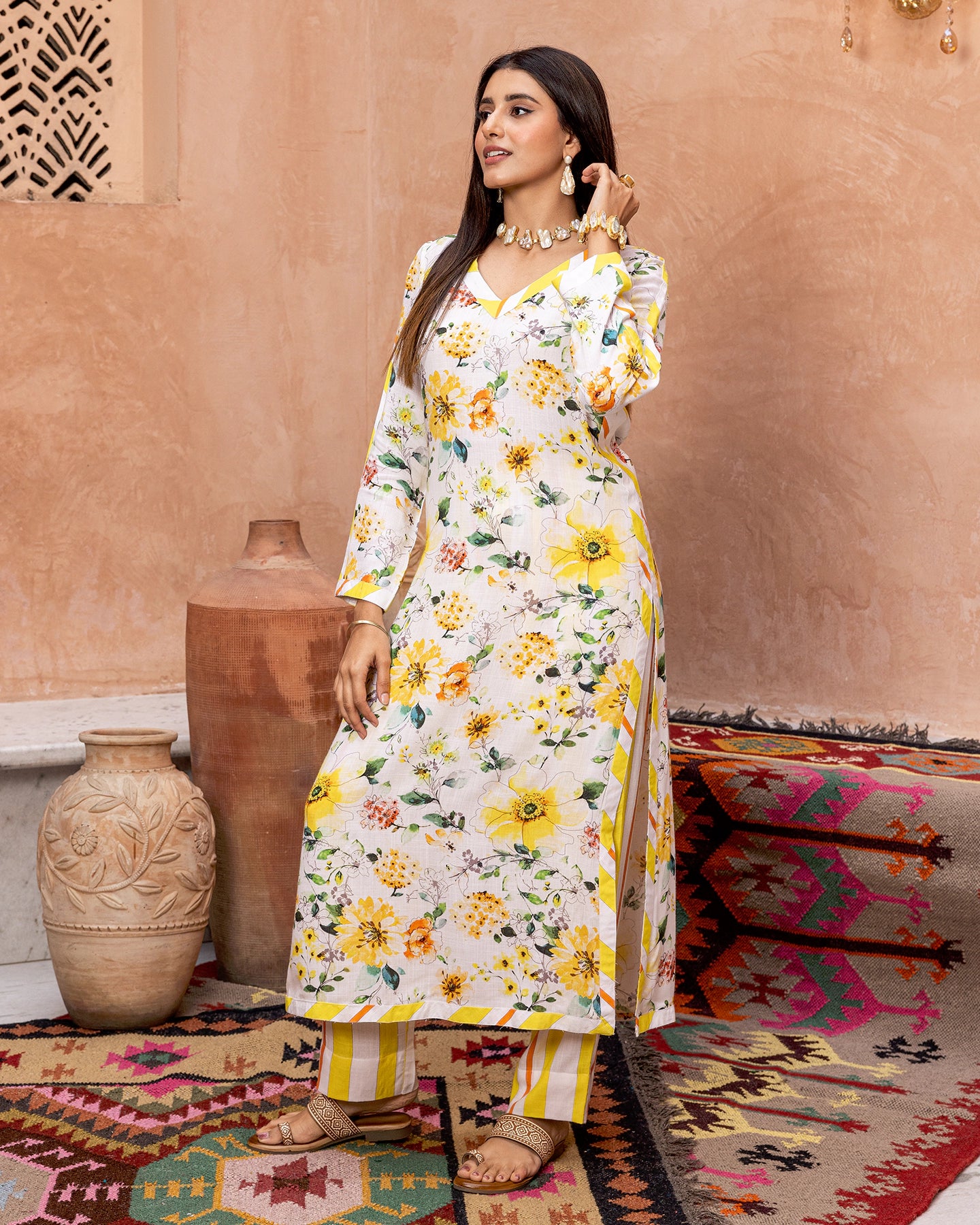 White Blossom & Stripe Kurta Set