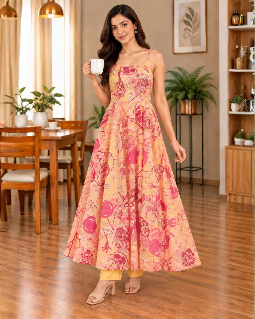 YELLOW ANARKALI FLOWER SET