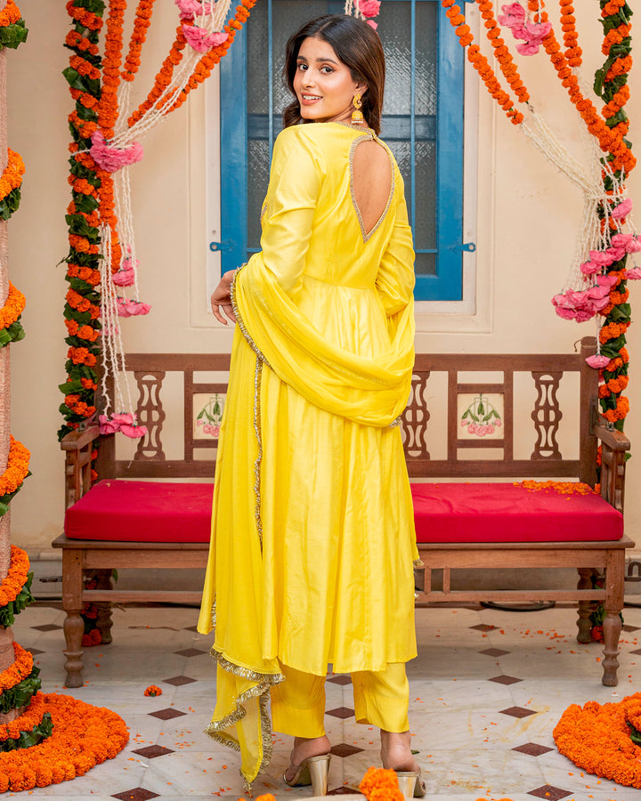 Yellow Chanderi Cut-Out Suit Set