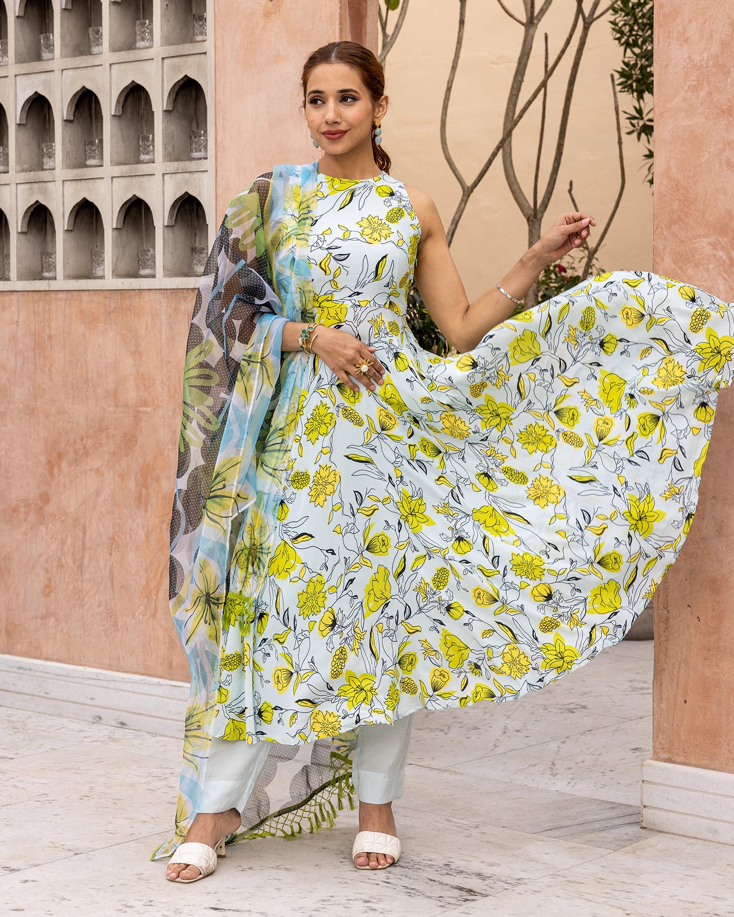 Pastel Blue Animated Floral Suit Set