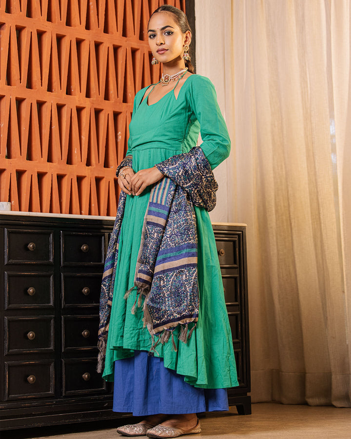 Color Block Green Blue Suit Set
