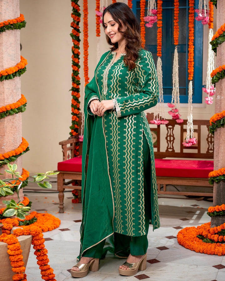 Green Self-Embroidered Suit Set