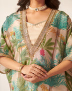 Off White Foliage Print Kaftan Set