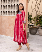 Red Tie Dye Gathered Kurta Set