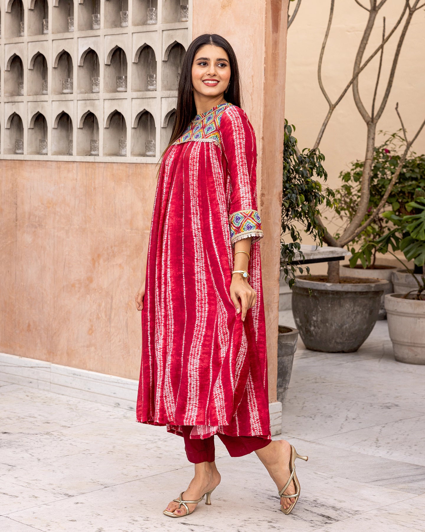 Red Tie Dye Gathered Kurta Set