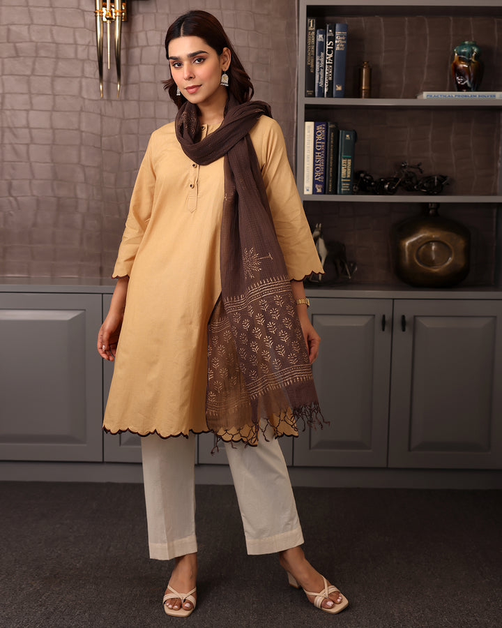 BEIGE COTTON KURTA-DUPATTA SET