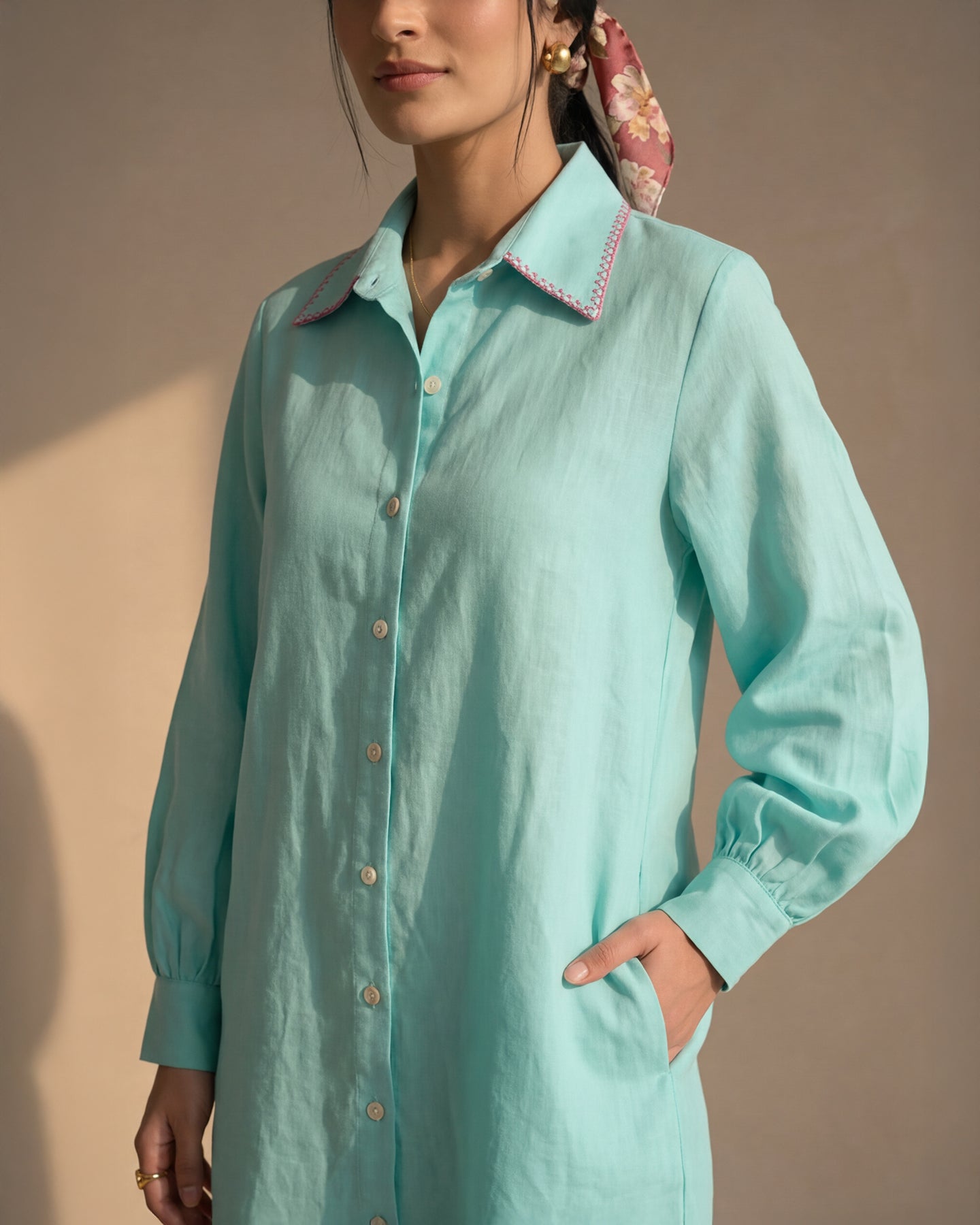 Skyline Blue  Linen Shirt Dress