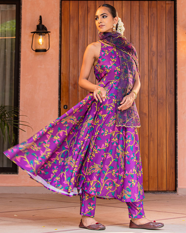 Purple Floral Muslin Suit Set