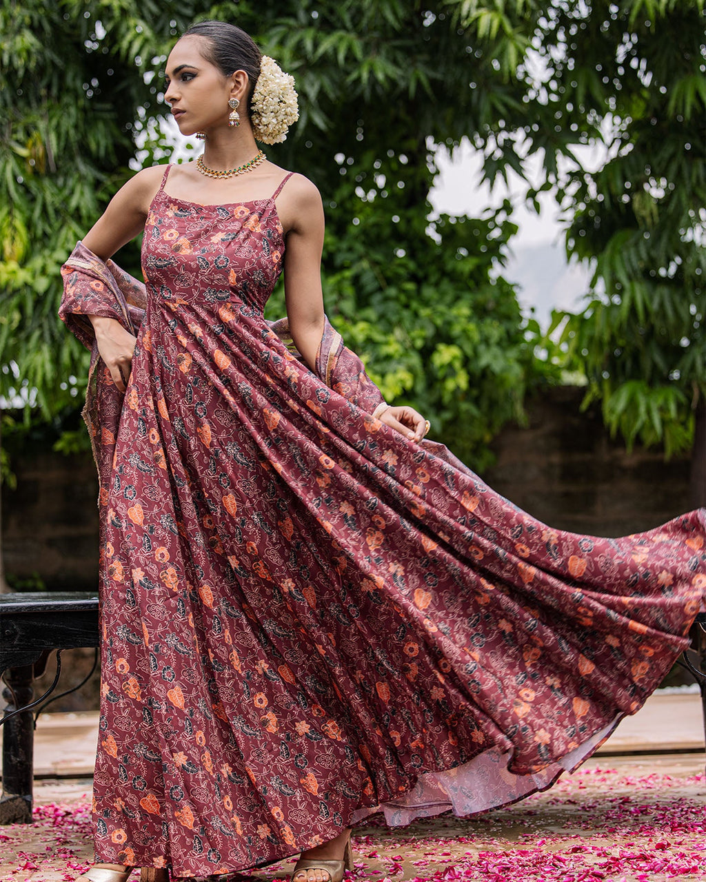 Brown Floral Muslin Suit Set