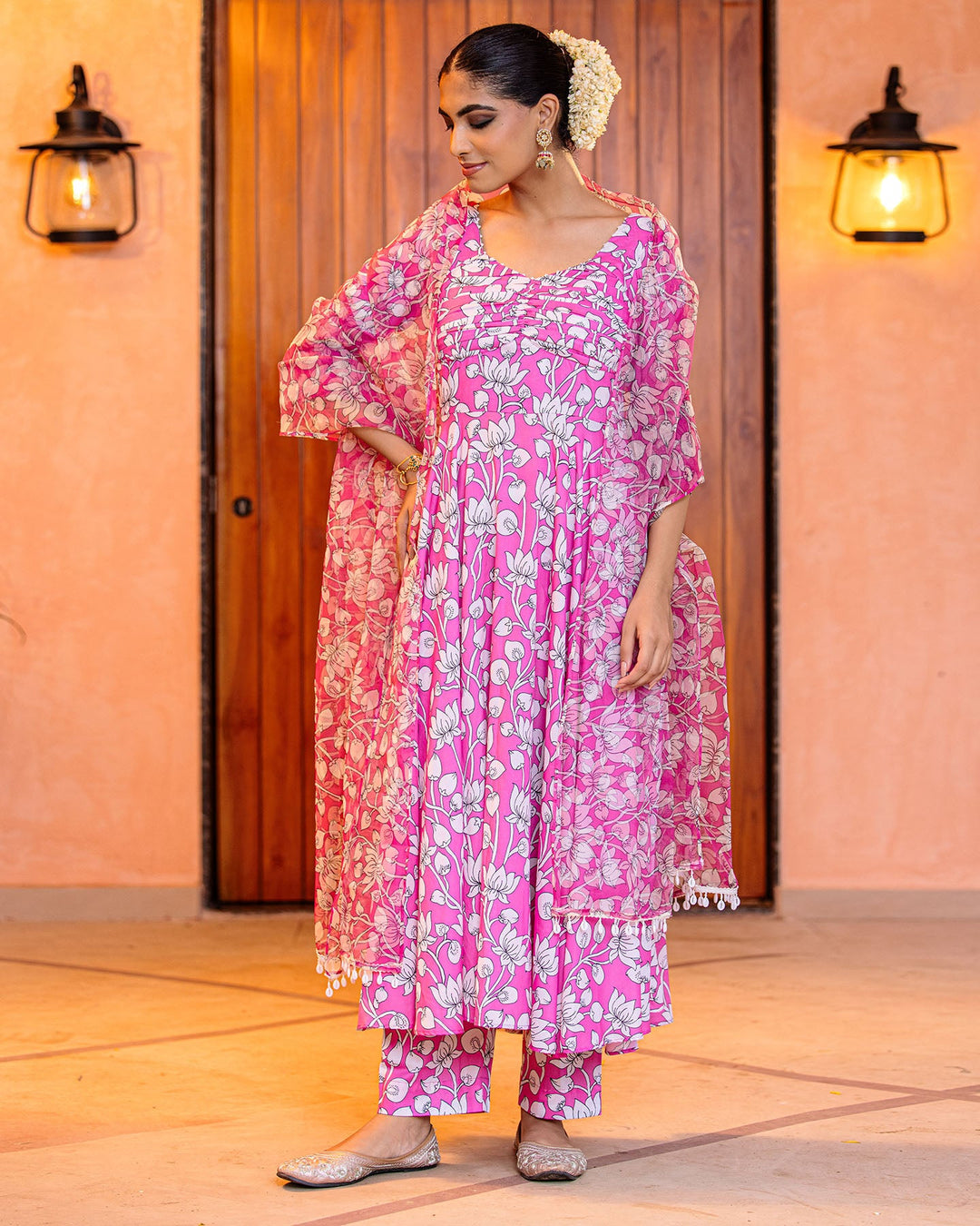 Pink Floral Muslin Suit Set