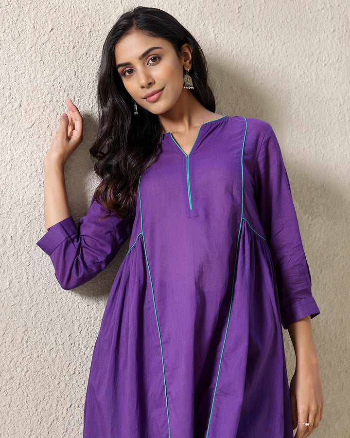 A-line Collar Purple Kurta Set