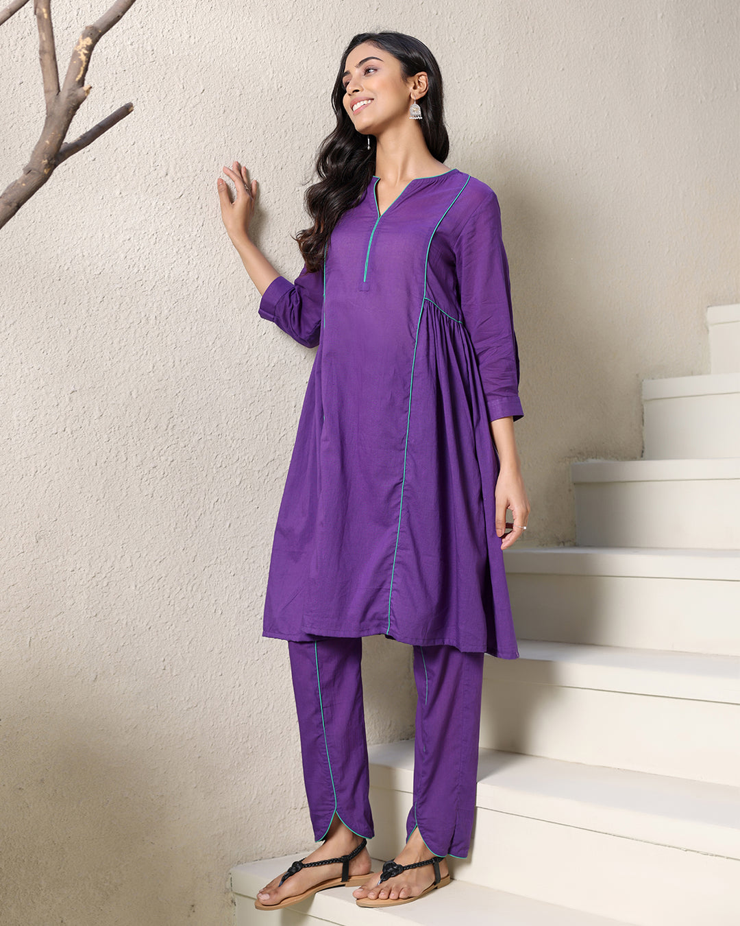 A-line Collar Purple Kurta Set