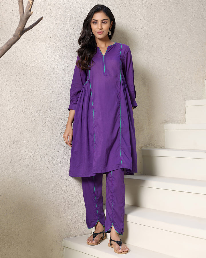 A-line Collar Purple Kurta Set