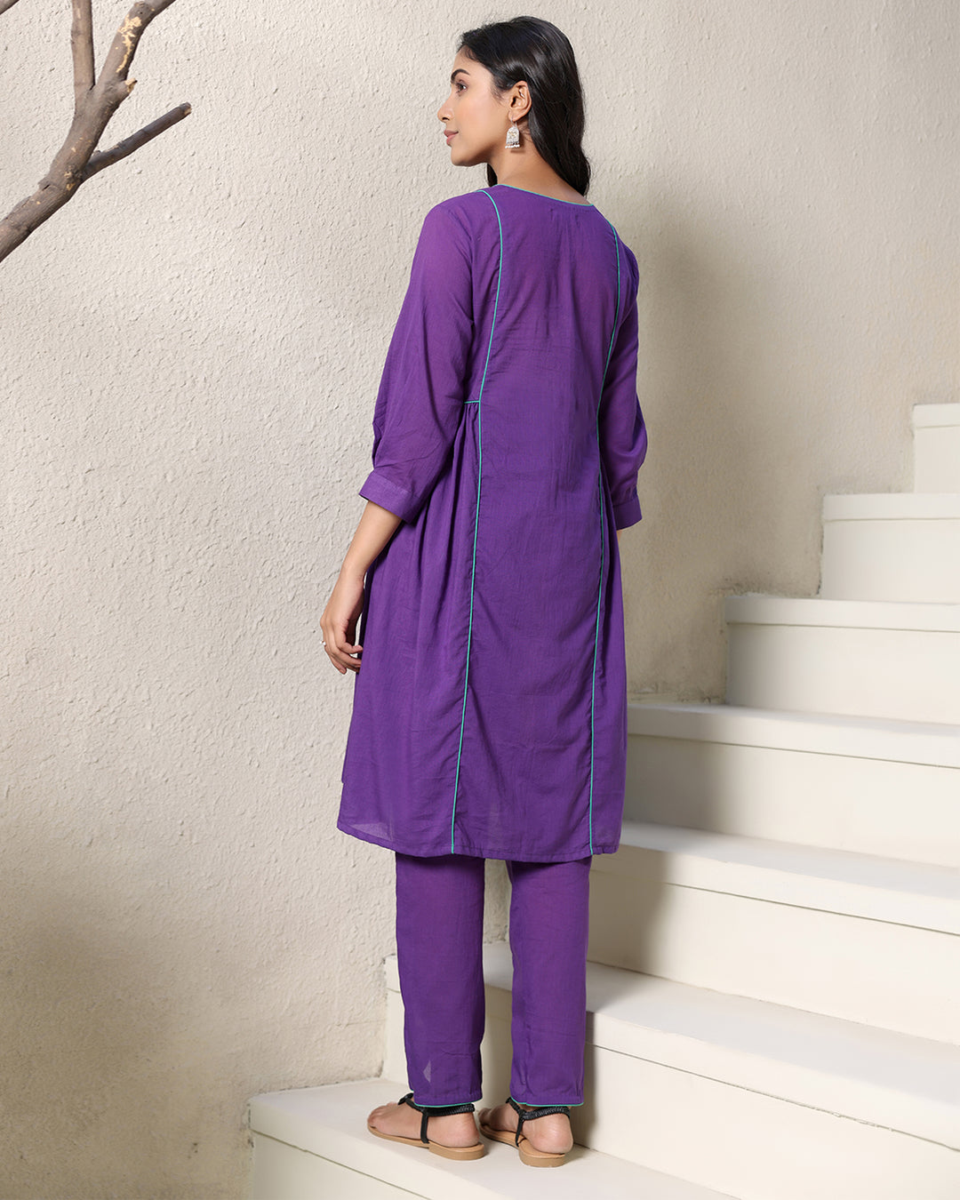 A-line Collar Purple Kurta Set