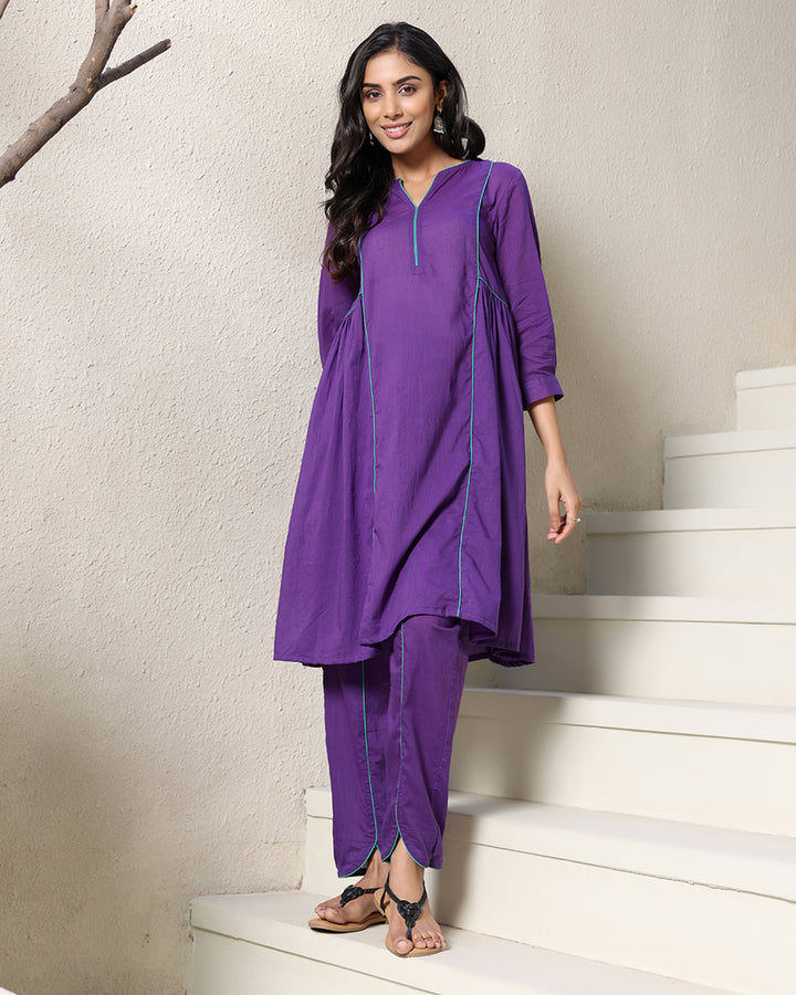 A-line Collar Purple Kurta Set