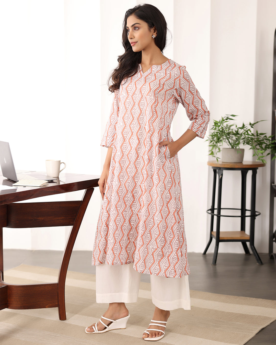 Beige Chanderi Printed Kurta Set