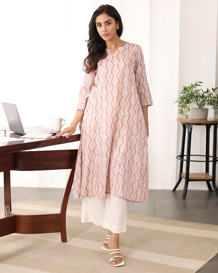 Beige Chanderi Printed Kurta Set