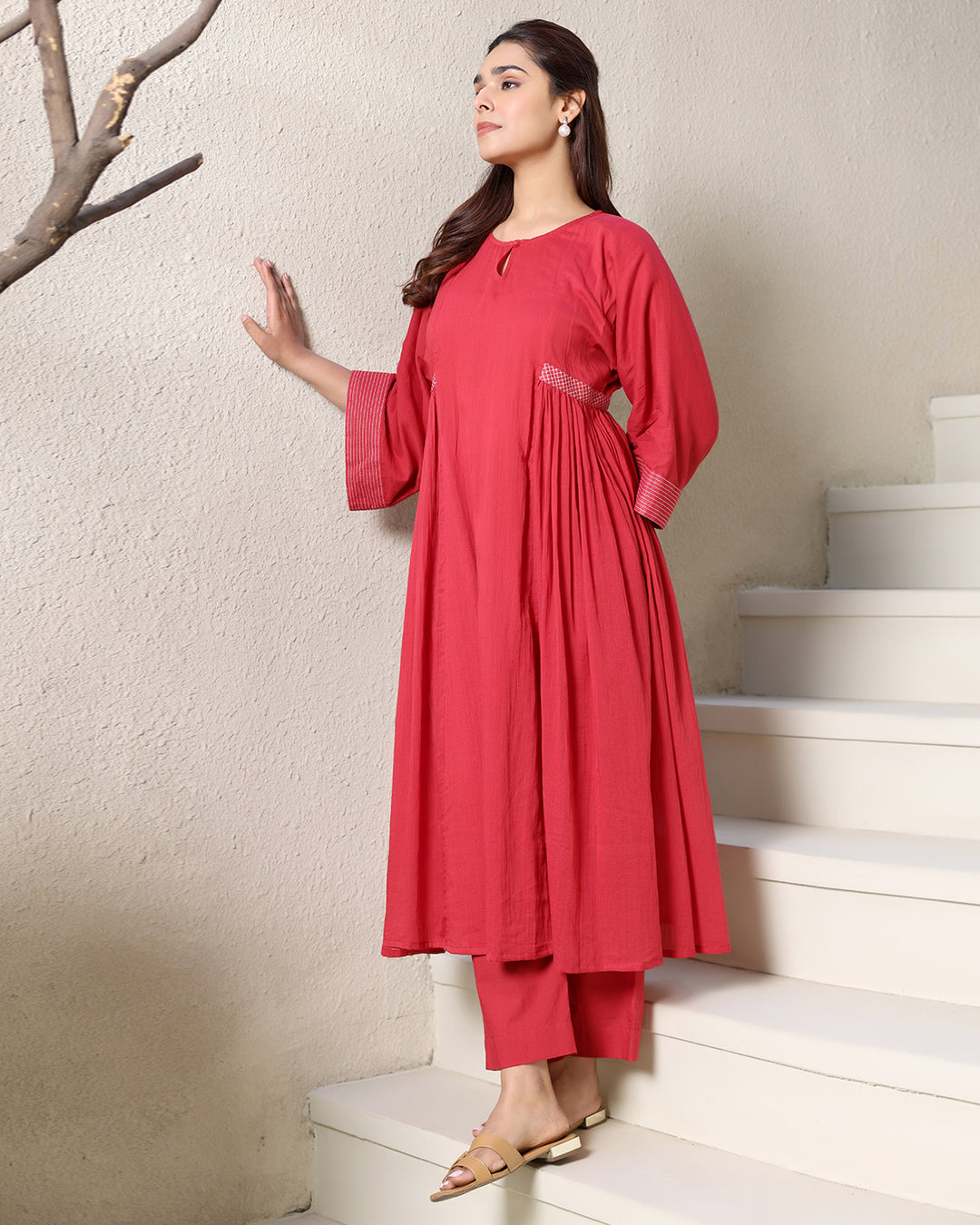 ROUND NECK A-LINE RED KURTA SET