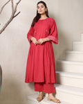 ROUND NECK A-LINE RED KURTA SET