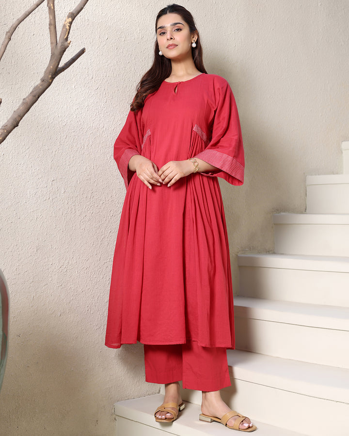 ROUND NECK A-LINE RED KURTA SET