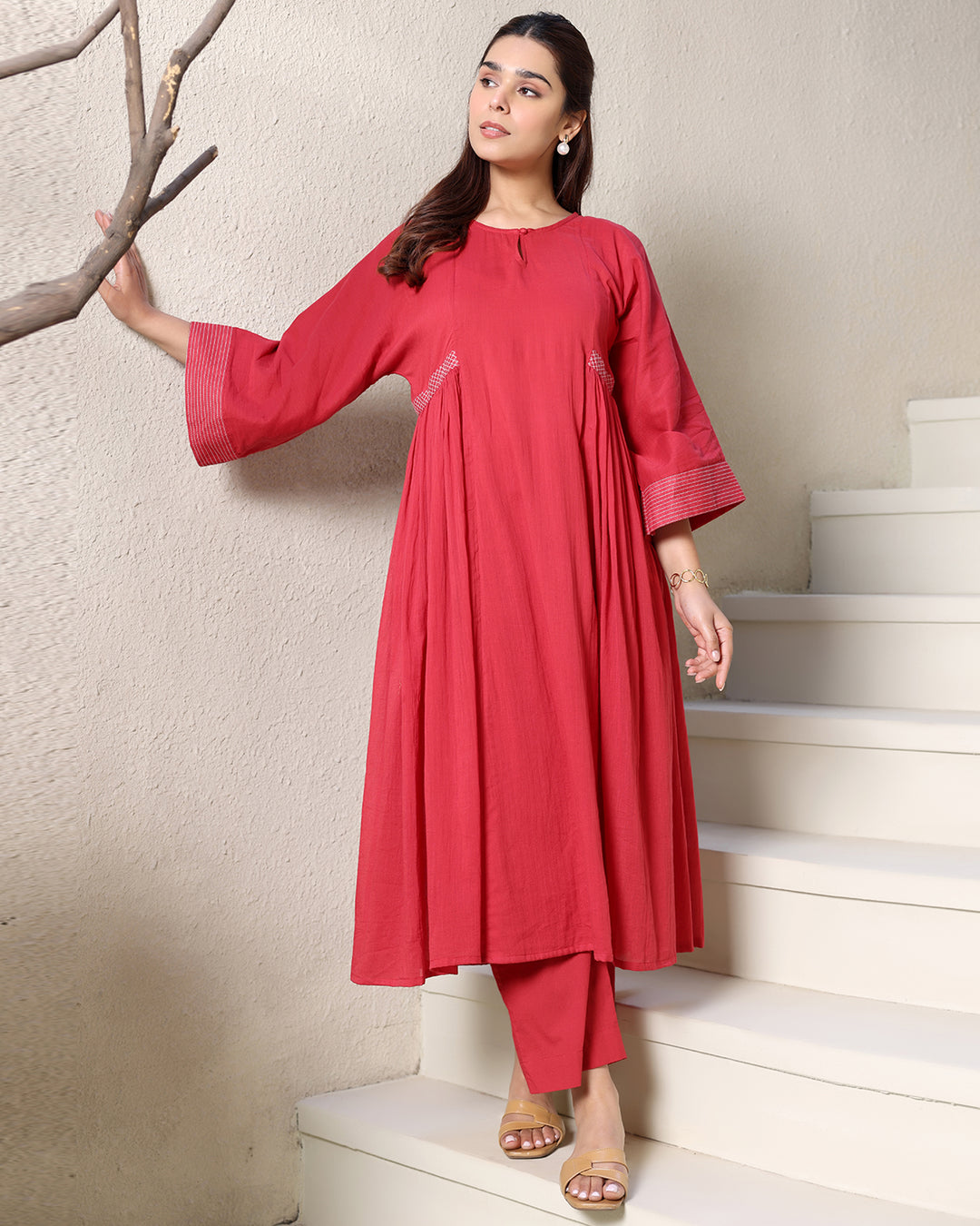 ROUND NECK A-LINE RED KURTA SET