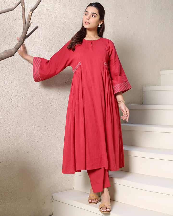 ROUND NECK A-LINE RED KURTA SET