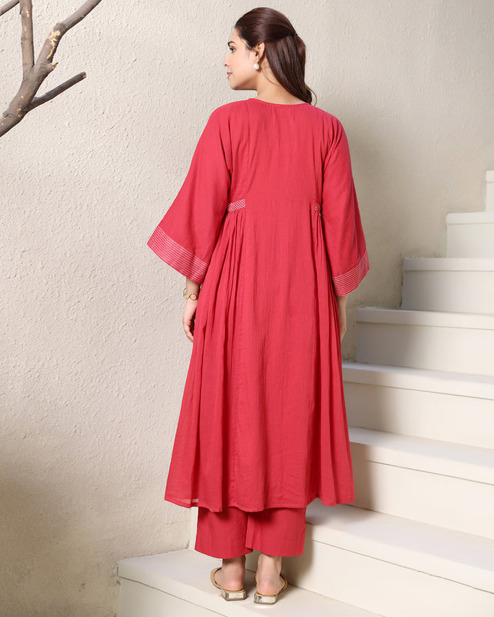 ROUND NECK A-LINE RED KURTA SET